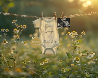 Frühlings-Schwangerschaftsankündigung Canva-Vorlage, bearbeitbare digitale Babyenthüllung, geschlechtsneutrale Blumenbabyankündigung für soziale Medien, Sommer