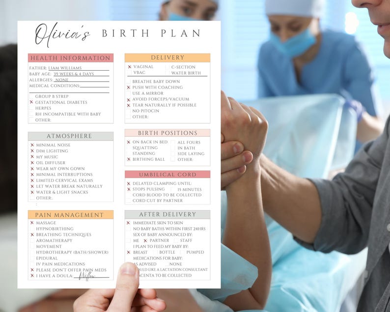 Puede incluir: Una lista de verificaci&oacute;n de plan de parto imprimible con secciones para informaci&oacute;n de salud, parto, atm&oacute;sfera, posiciones de parto, cord&oacute;n umbilical, manejo del dolor y despu&eacute;s del parto. La lista de verificaci&oacute;n incluye opciones para parto vaginal o ces&aacute;rea, t&eacute;cnicas de manejo del dolor y preferencias para el primer ba&ntilde;o del beb&eacute;.