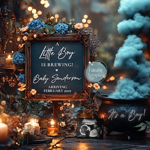 Blue Smoke Social Media Gender Reveal, Little Boy Brewing, Annuncio di gravidanza di un bambino ad Halloween, Annuncio di un bambino magico, Modificabile