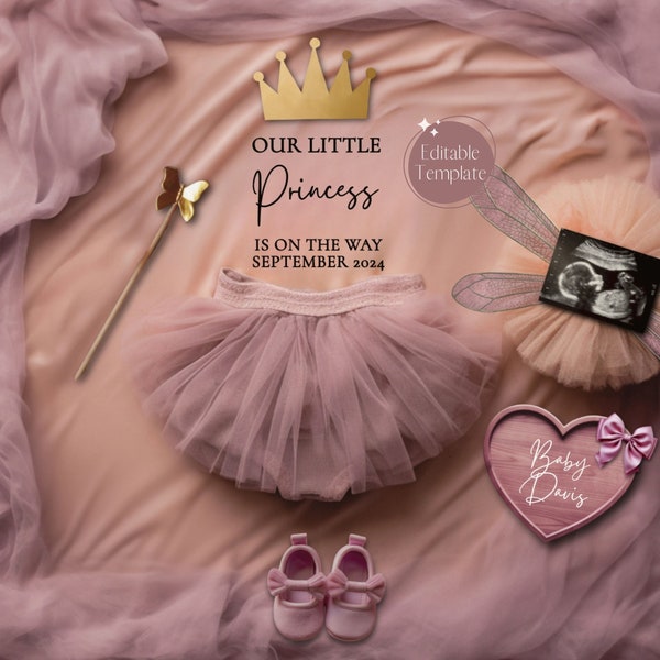 Princess Pregnancy Announcement, It's a Girl, Baby Girl Announcement, Girly Gender Reveal, Little Sister Reveal, Instagram Editable Template