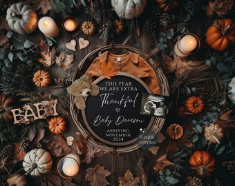 Herbst Schwangerschaft Ankündigung Digital, Neutral Thanksgiving Baby Ankündigung, bearbeitbare Vorlage, geschlechtsneutrale Social Media Reveal, Verlieben