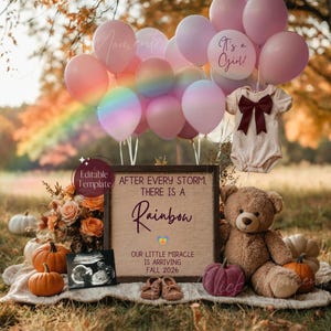 以下が含まれることがあります： 「すべての嵐の後には虹がある」と書かれた看板がある、秋をテーマにした妊娠発表。ピンク色の風船、テディベア、カボチャ、ベビーボディスーツも特徴です。「It's a Girl!」というテキストが風船に書かれています。