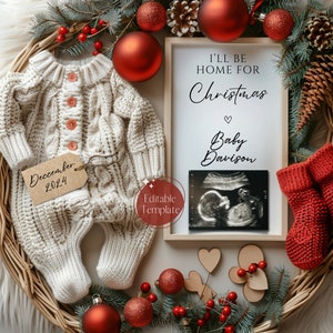 Weihnachten Digitale Schwangerschaftansage, Dezember Babymitteilung, Einfache neutrale Baby Reveal, Bearbeitbare Vorlage, ich werde zu Hause sein Weihnachten