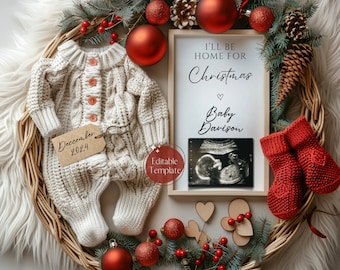 May include: A Christmas-themed baby announcement with a knitted baby outfit, a framed ultrasound image, and a sign that reads "I'll be home for Christmas Baby Davison".