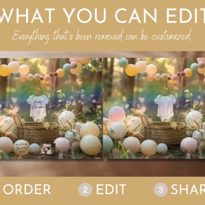 May include: A digital mockup of a baby shower invitation with a white onesie with the text "Baby Darien" and a heart. The onesie is hanging from a string of pastel balloons. The background is a blurred image of a forest with a basket of balloons in the foreground. The text "arriving January 2025" is on a small round tag.