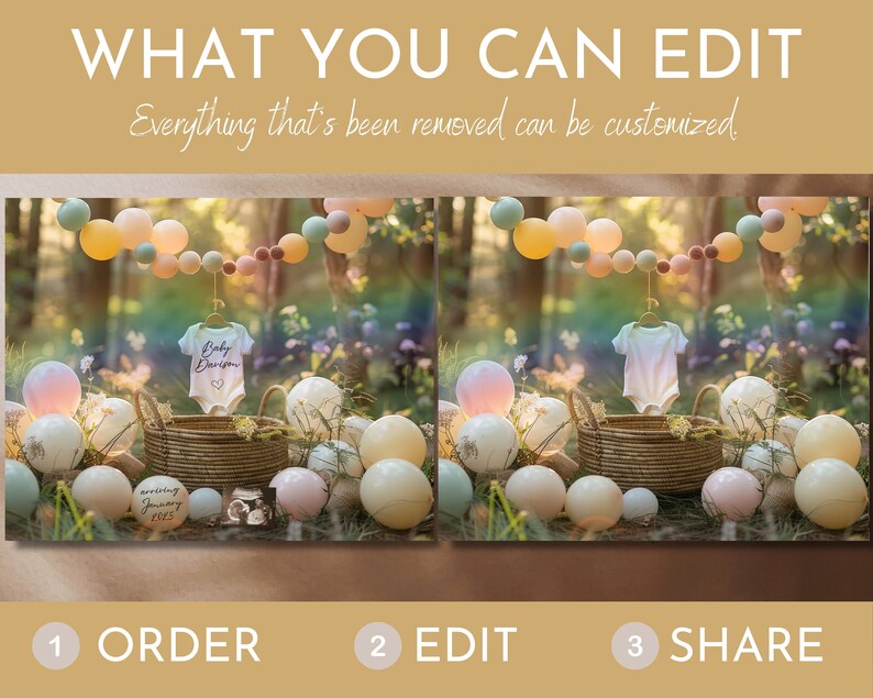 May include: A digital mockup of a baby shower invitation with a white onesie with the text "Baby Darien" and a heart. The onesie is hanging from a string of pastel balloons. The background is a blurred image of a forest with a basket of balloons in the foreground. The text "arriving January 2025" is on a small round tag.