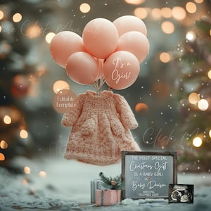 Faire-part de grossesse pour Noël petite fille, Noël rose sexe de petite fille, petite soeur de décembre, modèle modifiable pour les vacances d'hiver