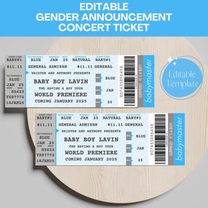 Bearbeitbares Geschlechtsankündigungsticket, benutzerdefinierte Konzertkarte, Baby Boy Gender Reveal, blaue Geburtsankündigung Filmkarte, DIGITAL DRUCKBAR