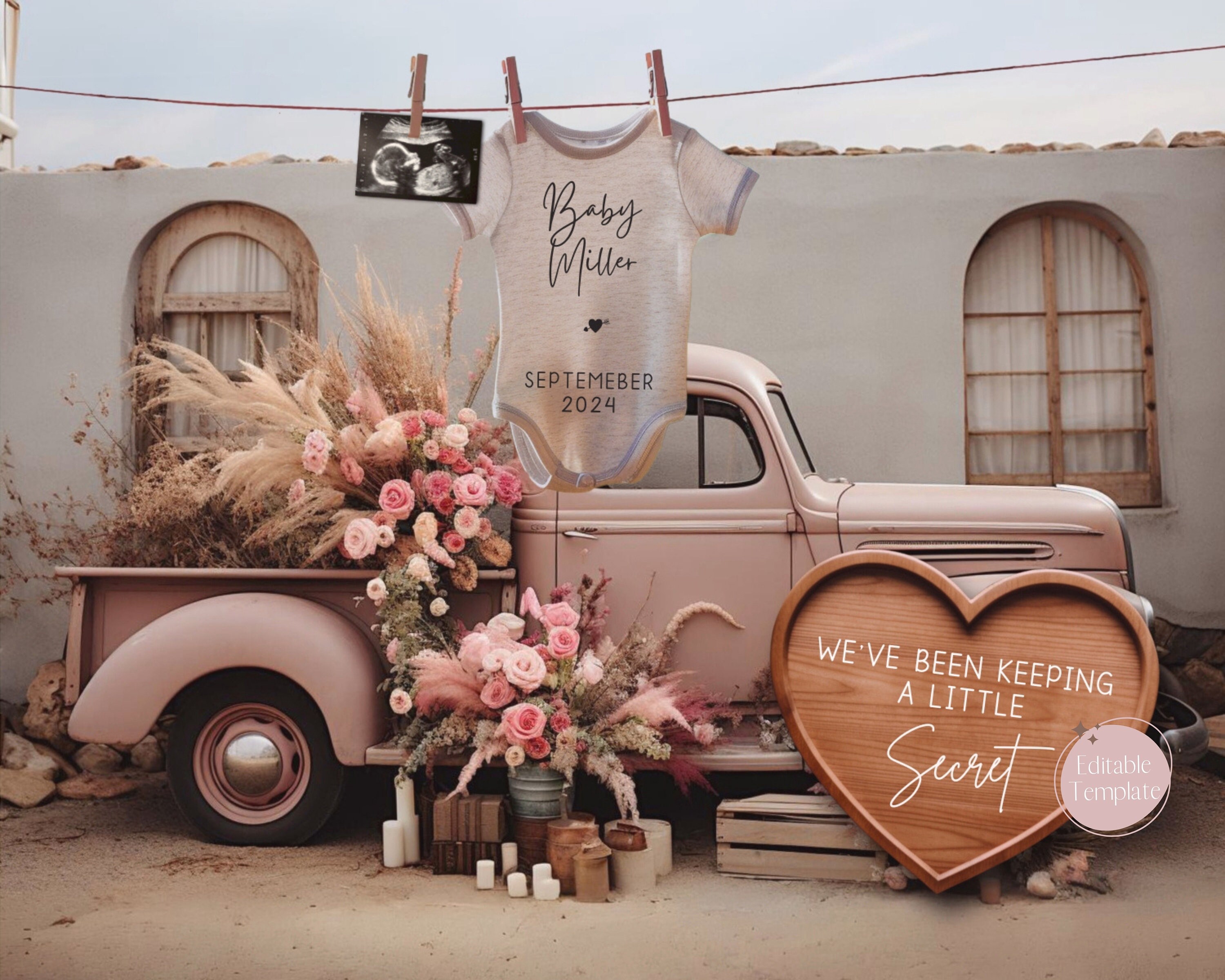 Digital Boho Truck Pregnancy Announcement Digital, Vintage Pickup Baby Girl Announcement, Retro Pink Gender Reveal, Editable Template