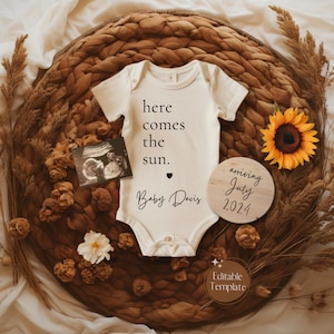 Annuncio di gravidanza minimalista girasole, annuncio digitale Boho Sun del bambino, rivelazione del bambino primaverile neutro modificabile, Instagram del bambino estivo