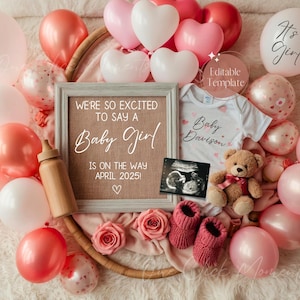 Girl Pregnancy Announcement Digital Baby Announcement Girl Gender Reveal Social Media Reveal Boho Editable Template Its a Girl Little Sister