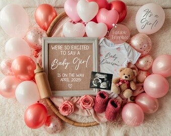 Girl Pregnancy Announcement Digital Baby Announcement Girl Gender Reveal Social Media Reveal Boho Editable Template Its a Girl Little Sister
