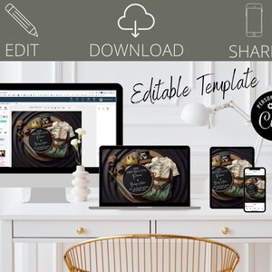 May include: Editable template for a baby announcement. The template features a black chalkboard with the text "We're expecting a little prince" and a crown. The template is shown on a computer screen, laptop, tablet, and phone.