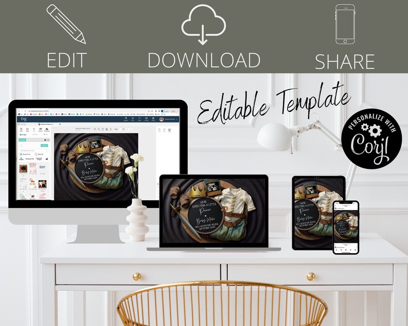 May include: Editable template for a baby announcement. The template features a black chalkboard with the text "We're expecting a little prince" and a crown. The template is shown on a computer screen, laptop, tablet, and phone.