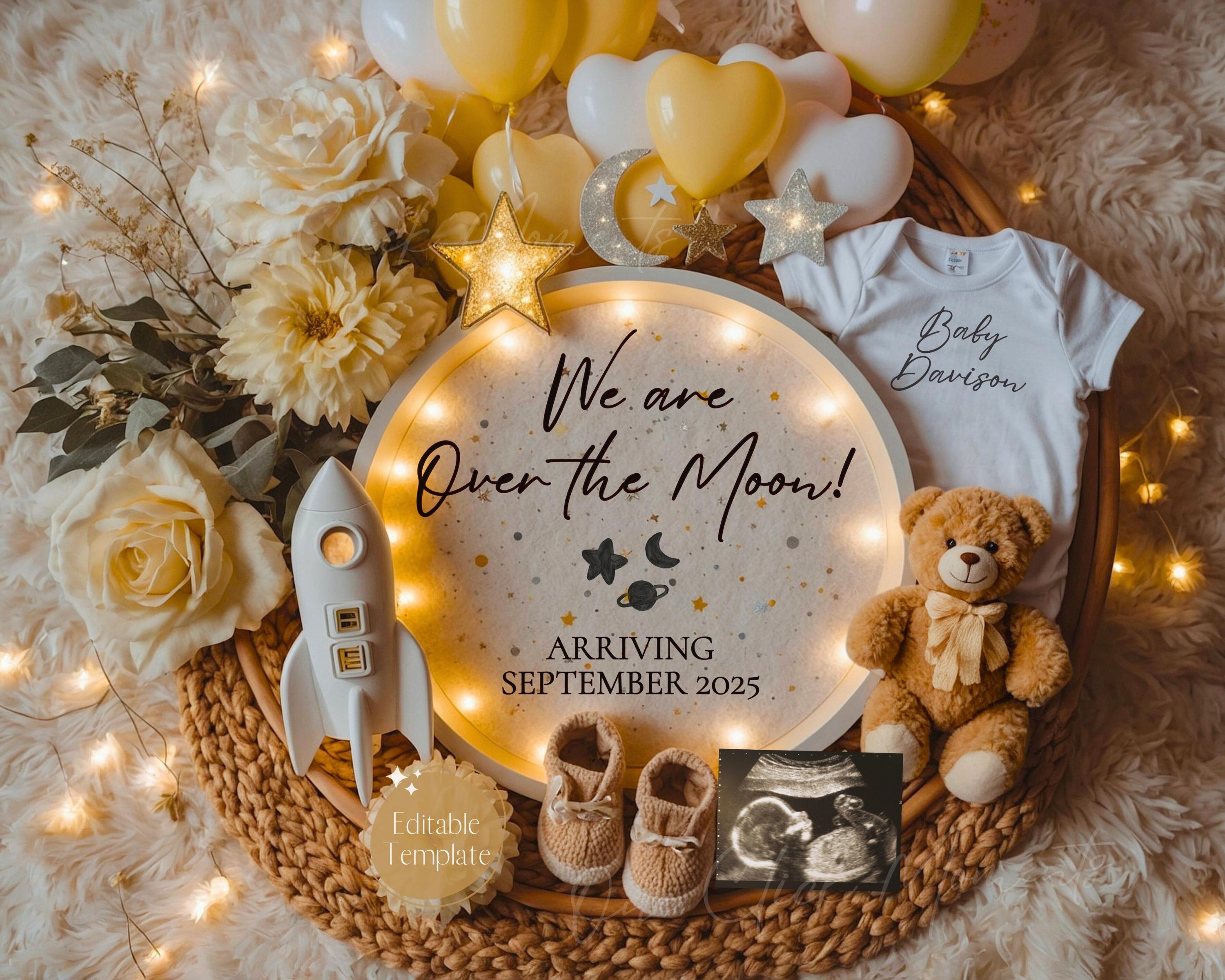 Digital Space Pregnancy Announcement, Over The Moon Baby Announcement, Gender Neutral Baby, Wish Upon the Stars, Moon Star Editable Template
