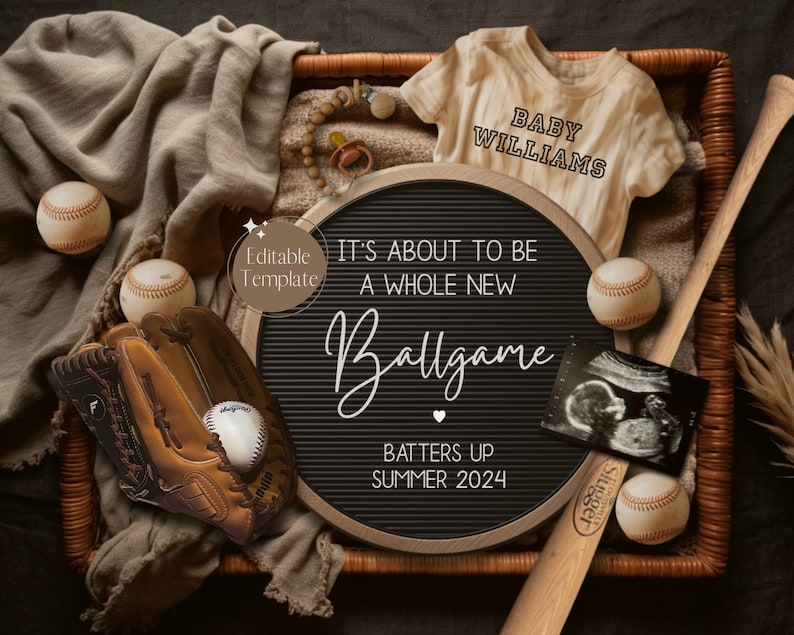 Digital Baseball Pregnancy Announcement, Spring Baseball Baby Announcment, Father's Day Sports Reveal, New Player Ballgame Editable Template image 1