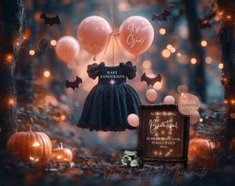May include: A Halloween-themed baby announcement with a black dress, pink balloons, and a sign that reads "Something Beautiful is Brewing Until Halloween 2024".