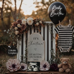 Boho Gothic Pregnancy Announcement Template, Editable Fall Baby Reveal, Digital Black and White Halloween Template, Spooky Gender Neutral