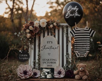 May include: A pregnancy announcement featuring a black and white striped backdrop, adorned with flowers and a teddy bear. A black balloon reads "Baby Burton." A onesie hangs nearby. The sign reads "It's Showtime!" and "Starting October 2025."