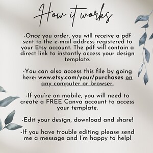 May include: How it works: A text-based image explaining how to access a digital design template after purchase. The text mentions receiving a PDF with a link to the design template, accessing the file through Etsy purchases, and creating a free Canva account for mobile access.