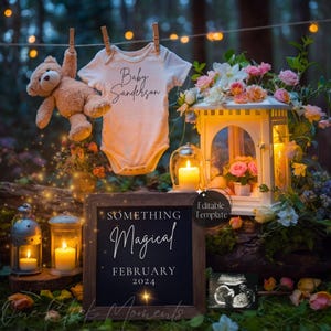 Faire-part de bébé jardin féerique, révélation de grossesse magique, révélation de sexe de la forêt enchantée, révélation de bébé lunatique modifiable, téléchargement numérique