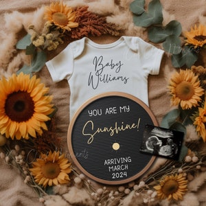 Zonnebloem zwangerschapsaankondiging, digitale lente boho babyaankondiging, genderneutrale zonnebloem baby, sociale media Instagram baby onthullen