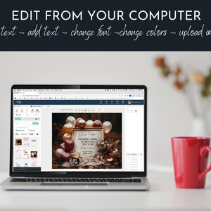 May include: A laptop computer displaying a website with a design template for a baby shower announcement. The template features a teddy bear, balloons, and the text "We're Poppin' Different Kinds of Bottles This Year".