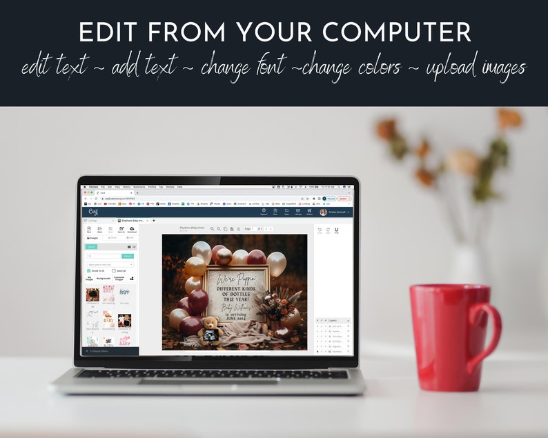 May include: A laptop computer displaying a website with a design template for a baby shower announcement. The template features a teddy bear, balloons, and the text "We're Poppin' Different Kinds of Bottles This Year".