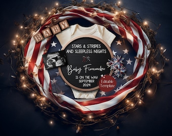 May include: A baby announcement with a red, white, and blue American flag, a white onesie, and a letter board that says "Baby Firecracker is on the way September 2024".