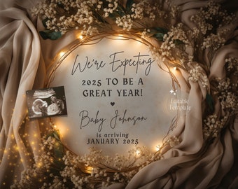 New Years Pregnancy Announcement, Magical 2026 Baby Announcement, Digital Editable Template, January Social Media Reveal, Wreath