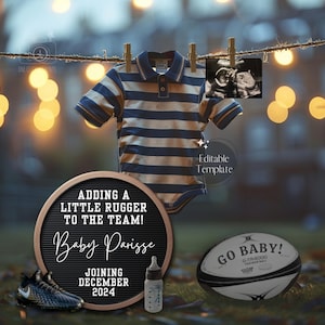 BEARBEITUNGSFÄHIGE ROGGER-Babymitteilung, digitale Rugger-Schwangerschaftsenthüllung, neu im Team, Social Media-Rugby-Gender-Enthüllung, es ist ein JUNGE, Vatersport