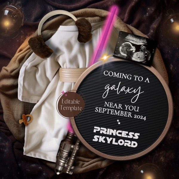 Space Wars Pregnancy Announcement, Rebel Princess Baby Girl Announcement, Galactic Star Force Social Media Gender Reveal, Editable Template