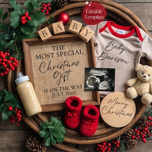 Anúncio de gravidez digital de Natal, anúncio de bebê em dezembro, revelação simples e neutra do bebê, modelo editável, bebê milagre de Natal