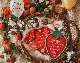 Strawberry Pregnancy Announcement, Cute Berry Baby Reveal, Sweet Little Secret, Digital Boho Gender Neutral Baby Reveal, EDITABLE Template