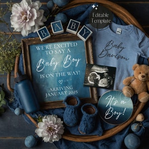 Annuncio di gravidanza Boho Boy Annuncio digitale, floreale per neonato, Rivelazione di genere blu EDITABLE, Modello di rivelazione Instagram del fratellino