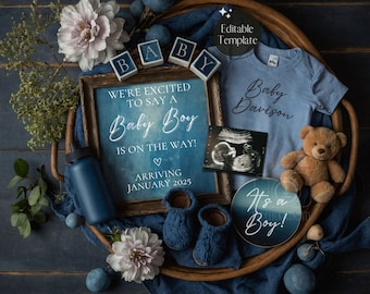 Boho Boy Pregnancy Announcement Digital, Floral Baby Boy Announcement, EDITABLE Blue Gender Reveal, Little Brother Instagram Reveal Template