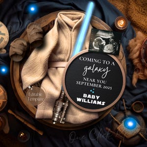 Space Wars Schwangerschaftsankündigung, zukünftige galaktische Babyankündigung, Star Force Social Media Gender Reveal, bearbeitbare Vorlage Vatertag