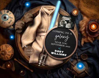 Space Wars Pregnancy Announcement, Future Galactic Baby Announcement, Star Force Social Media Gender Reveal, Editable Template Father&#39;s Day