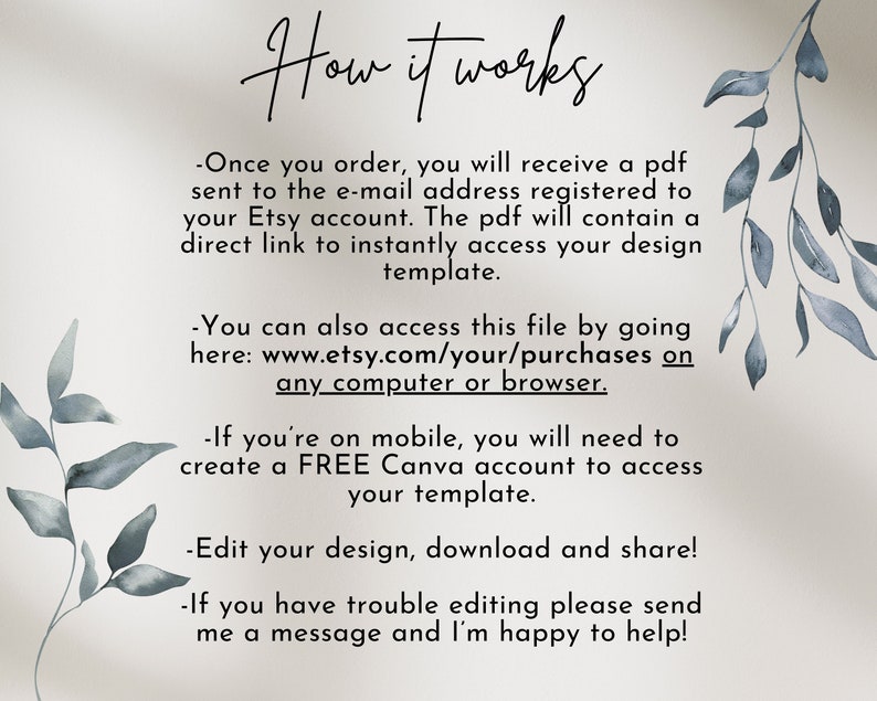 May include: How it works: A text-based image explaining how to access a digital design template after purchase. The text mentions receiving a PDF with a link to the design template, accessing the file through Etsy purchases, and creating a free Canva account for mobile access.