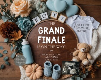 Grand Finale Pregnancy Announcement, Last Baby Boy Gender Reveal - (Digital Fall Editable Template)