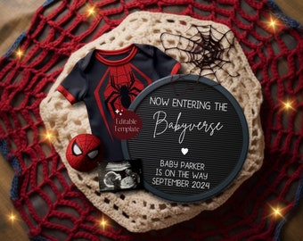 Superhero Pregnancy Announcement, Digital Daddy's Sidekick Announcement, Spider Baby Reveal, Its a Boy, Nerdy Editable Template Social Media