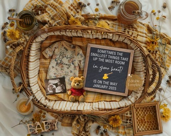 Winnie-the-Pooh Pregnancy Announcement Digital, Gender Neutral Hunny Bear Baby Reveal, Summer Pregnancy Announcment, Minimalist Social Media