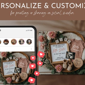 May include: A digital mockup of a phone screen displaying a photo of a baby announcement. The photo features a wooden tray with pink flowers, a baby onesie, a wooden sign reading "We're excited to say a little sister is on the way! Arriving January 2025", a wooden block spelling "Girl", a wooden circle saying "It's a Girl!" and a sonogram photo. The phone screen also shows a few other photos of the same baby announcement.