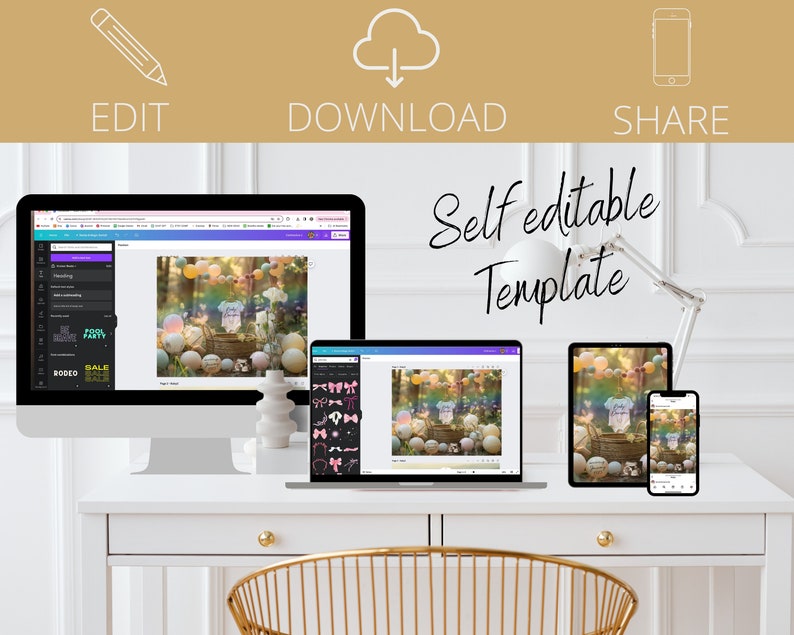 May include: A digital mockup showing a self-editable template for a baby shower invitation. The template features a pastel color scheme with a baby carriage, balloons, and a banner. The template can be edited and downloaded for personal use.