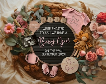 Boho Girl Pregnancy Announcement Digital, Floral Baby Girl Announcement, Pink Gender Reveal, Girly Instagram Baby Reveal, Editable Template