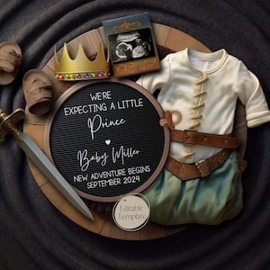 May include: A baby announcement with a chalkboard sign that reads "We're expecting a little Prince Baby Miller New adventure begins September 2024". The sign is surrounded by a crown, a sword, a pair of baby shoes, and a baby outfit.