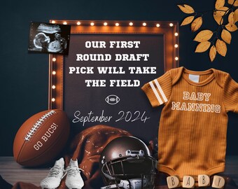 May include: A mustard yellow ribbed baby bodysuit with white stripes on the sleeves and the text BABY MANNING, a brown football with GO BUCS!, a brown football helmet, white cleats, an ultrasound image, and a sign reading OUR FIRST ROUND DRAFT PICK WILL TAKE THE FIELD September 2024.