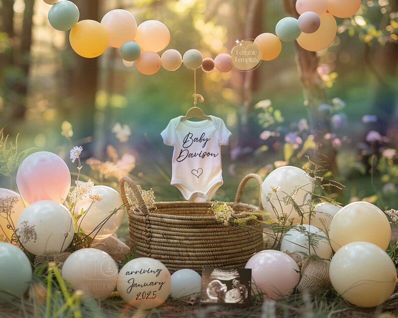 May include: A white onesie with the text "Baby Davison" and a small heart, hanging from a clothes hanger. The onesie is surrounded by pastel balloons and a wicker basket. The text "arriving January 2025" is written on a white circle.