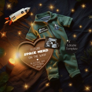 May include: A wooden heart-shaped sign with the text "Future Space Nerd On The Way!" and "Blasting Off September 2024". A green baby onesie with a rocket patch and the text "Baby Armstrong" is on a dark blue fabric background with gold stars.