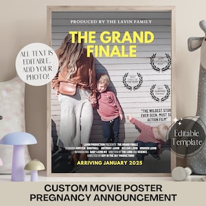 Filmplakat zur Schwangerschaftsankündigung, Enthüllung des letzten Babys, lustige große Finale-Ankündigung, digitale druckbare Vorlage für soziale Medien bearbeiten